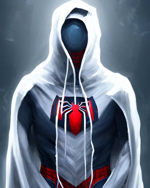 Image similar to spiderman in a white hood, 8 k photo, portrait, dynamic lighting, fantasy concept art, trending on art station, stunning visuals, creative, cinematic, ultra detailed, comic strip style