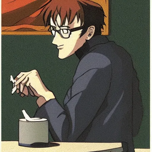 Prompt: rare photo of gendo ikari smoking a joint