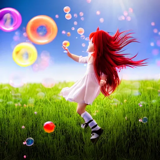 Image similar to red haired anime girl chasing bubbles through a field