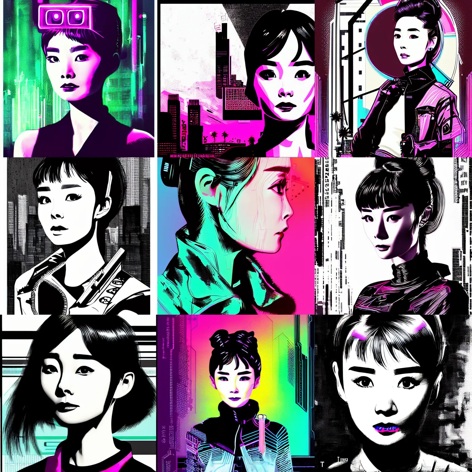 Prompt: korean audrey hepburn, detailed cyberpunk synthwave portrait by tim doyle