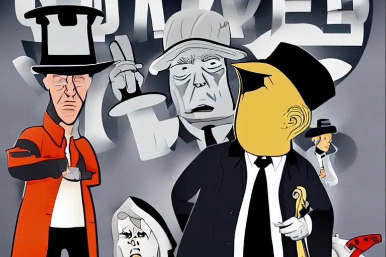 Image similar to 2 d poster illlustration donald trump and donald trump wearing trenchcoats and black spy hats for the movie spy vs spy