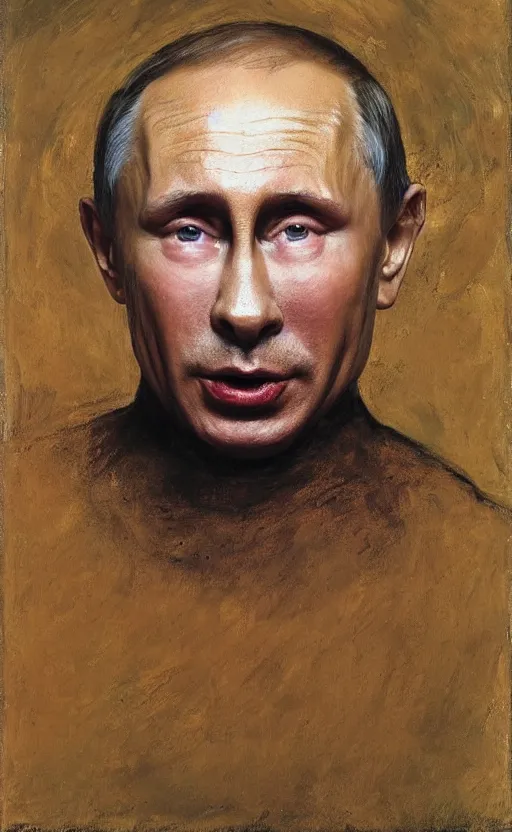 Image similar to Putin devouring used diapers covered in brown substance, Putin portrait, brown liquid dripping down mouth, face of fear, ugly body painted by Lucian Freud, Ilya Repin