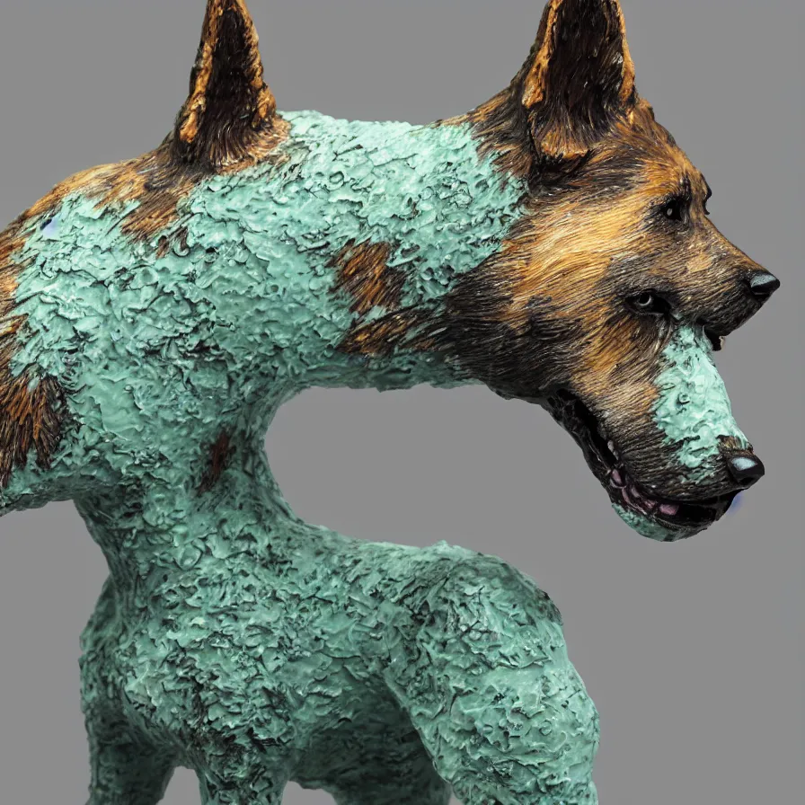 Image similar to beautiful gallery show studio photograph of a giant realistic ceramic sculpture of a german shepherd dog, fractal 3 d structure, celadon glaze, placed on a polished wooden table, colorful hyperrealism 8 k trending on artstation