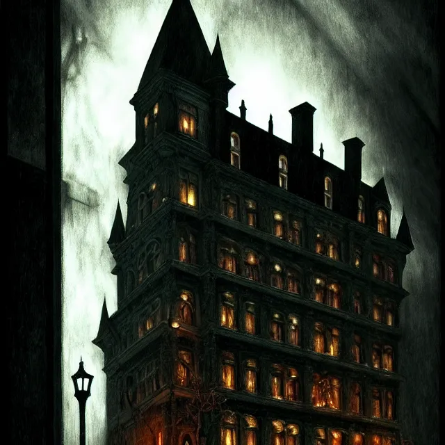 Image similar to haunted gothic hotel, boston 1 9 2 5 overlooking a dark street, photorealistic, dark, atmospheric lighting, painted, intricate, ultra detailed by leesha hannigan, thierry doizon, kai carpenter, well composed, best on artstation, cgsociety, epic, stunning, gorgeous, intricate detail, wow, masterpiece