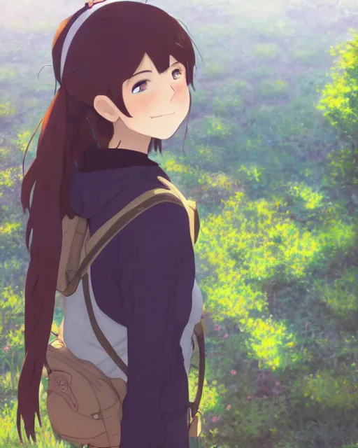 Image similar to a full shot of a teenage girl on a hike, moe, kawaii, pretty, lovely, detailed face, digital art by makoto shinkai and claude monet