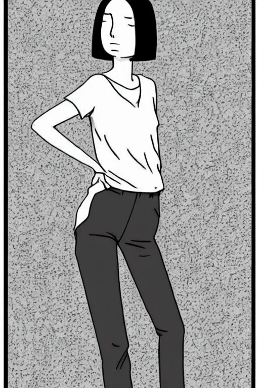 Prompt: portrait of a girl in long pants and a top, hands in pockets, eyes closed, bob haircut, digital art, black and white, minimalistic illustration by junji ito and kaoru mori