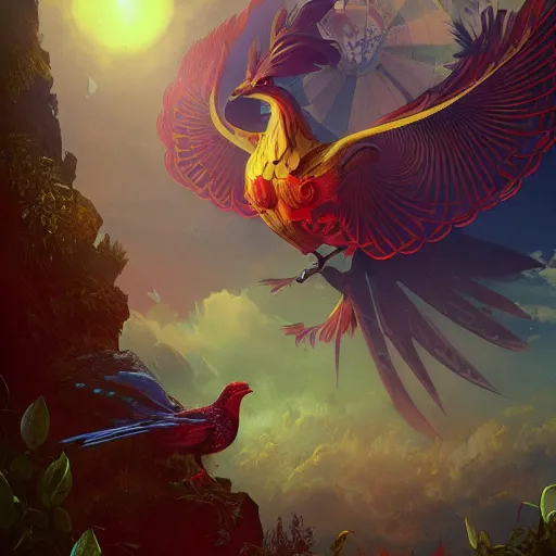 Image similar to the solarpunk phoenix, red bird, ornate egg, regeneration, landscape, epic composition, volumetric light, bokeh, inspired by peter mohrbacher and by alphonse mucha