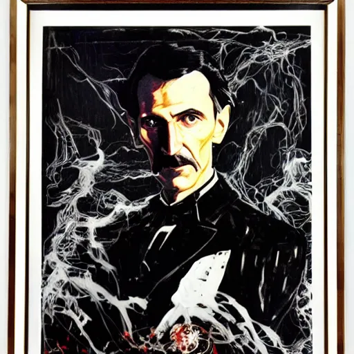 Image similar to portrait of nikola tesla in wardenclyffe tower, hanafuda oil on canvas by ivan shishkin, james jean and yoji shinkawa