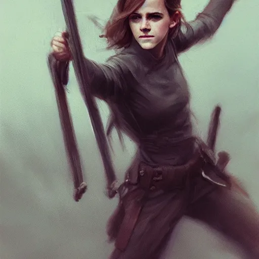 Prompt: portait of a emma watson swinging her katana, front game card, drark, marvel comics, dark, intricate, highly detailed, smooth, artstation, digital illustration by ruan jia and mandy jurgens and artgerm and wayne barlowe and greg rutkowski and zdislav beksinski