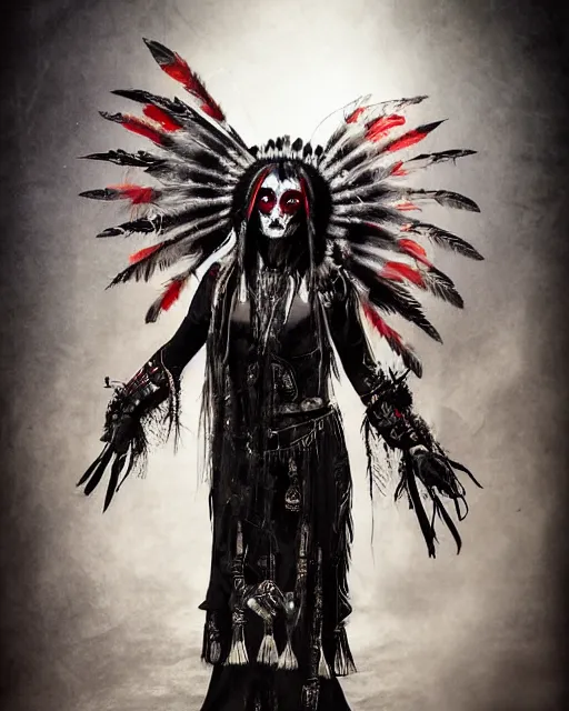 Image similar to lady native sisters ghost - spirit of the grim - warpaint wears the scarlet skull armor and native blood headdress feathers, midnight fog - mist!, dark oil painting colors, realism, cinematic lighting, various refining methods, micro macro autofocus, ultra definition, award winning photo, photograph by ghostwave - gammell - giger - shadowlord