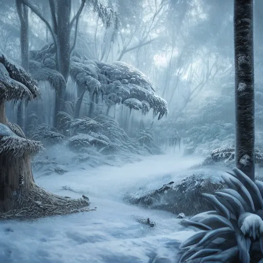 Image similar to Snowy place in the middle of the jungle, 8k, detailed, concept art, trending on artstation