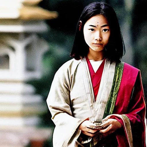 Image similar to Priest Tripitaka played by teenage Masako Natsume with bald head on a pilgrimage to India to fetch holy scriptures and save the world, IMAX Movie Still