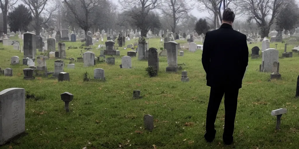 Prompt: Photo of a lone man in a black suit standing in a cemetery, bad weather