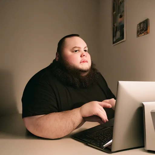 Image similar to a fat man working on his computer at nighttime in his room, dirty clothes, beard, short hair, white tank top, glowing, photography, realistic, detailed, cinematic, cinematography,