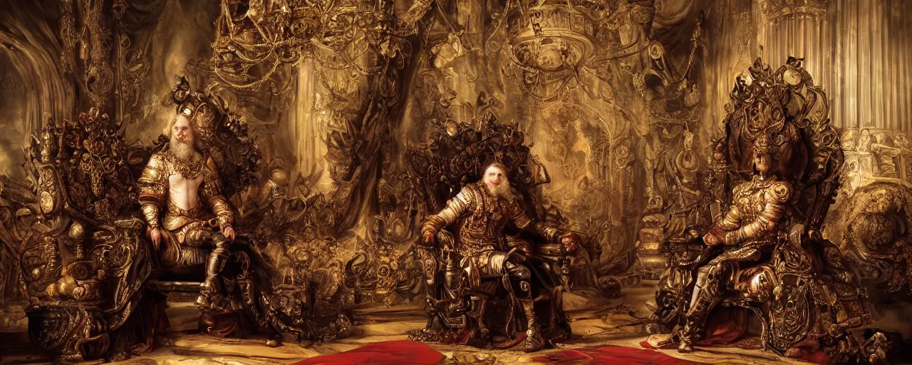 Prompt: epic, wideangle, digital painting, of a 1 7 th century, decadent, cyborg king sitting in his tehnobaroque throne room, dark hair, piercings, amber jewels, baroque, ornate dark red opulent clothing, scifi, futuristic, realistic, hyperdetailed, concept art, art by rembrandt, masterpiece