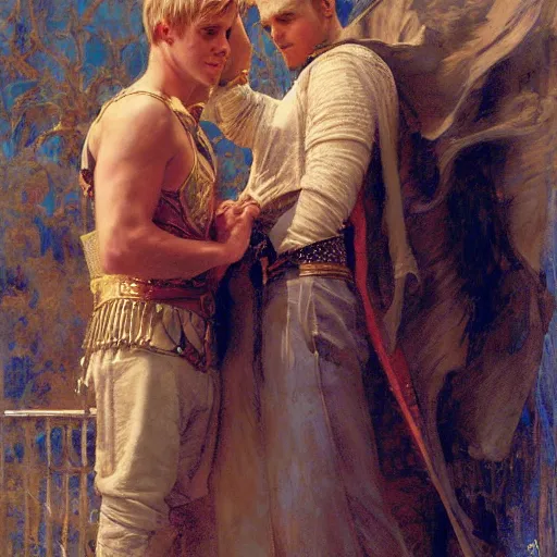 Image similar to attractive arthur pendragon confesses his love to attractive male merlin. highly detailed painting by gaston bussiere, craig mullins, j. c. leyendecker 8 k