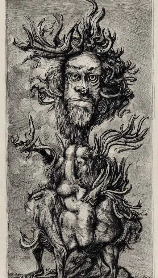 Image similar to a creature with the body and eyes of a man, with the beak of an eagle, the mane of a lion, and the horns of an ox. drawn by francis bacon