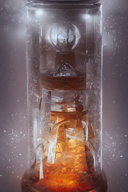 Prompt: a wodden church inside a glass jar, hourglass, intricate detail, himalayan rocksalt lamp, volumetric lighting, epic composition, hyper detailed, ultra realistic, sharp focus, octane render, volumetric, ray tracing, artstation trending, cgsociety, sense of awe, swirling mist, 4 k