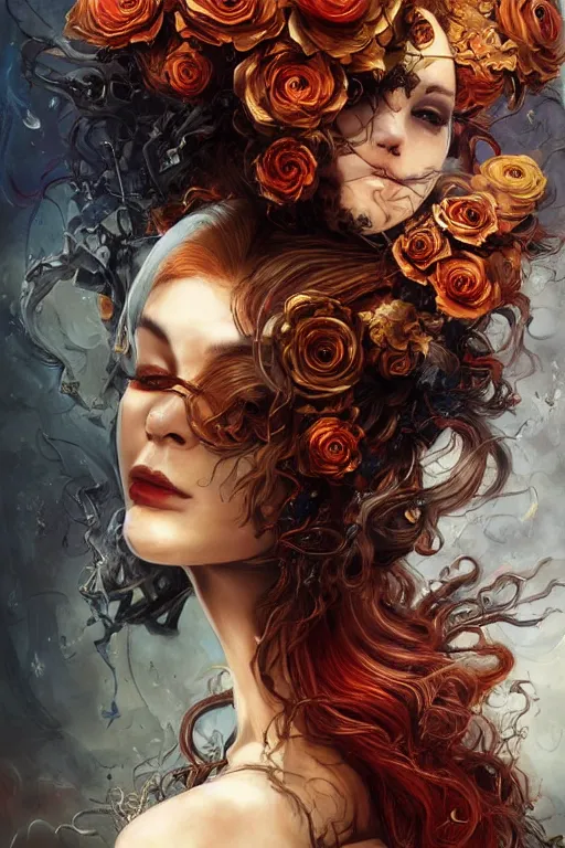 Prompt: portrait, headshot, insanely nice hair style, dramatic hair color, digital painting, gentle cyborg holding flowers , amber jewels, baroque, ornate clothing, scifi, realistic, hyperdetailed, chiaroscuro, concept art, art by Franz Hals and Jon Foster and Ayami Kojima and Amano and Karol Bak,