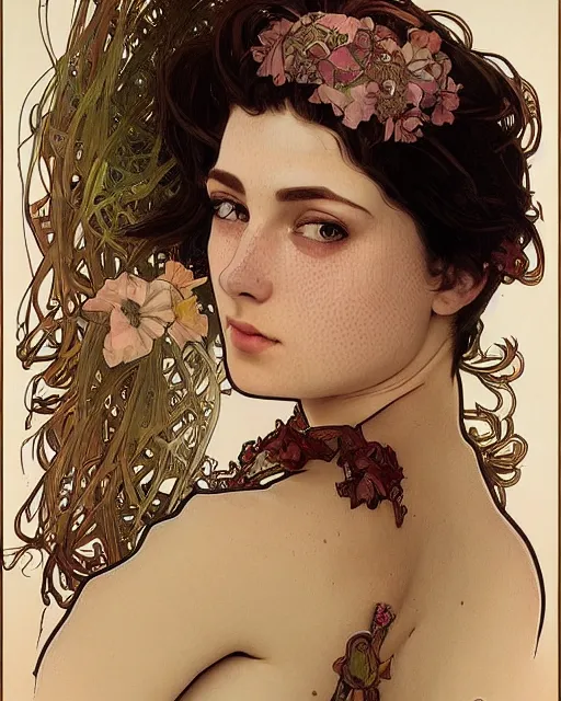 Image similar to Portrait of a Beautiful ravishing Envious modern woman, trending on ArtStation, Alphonse Mucha, Detailed, Realism Symmetrical Face, Photorealistic Color Scheme. Freckles, Blemishes