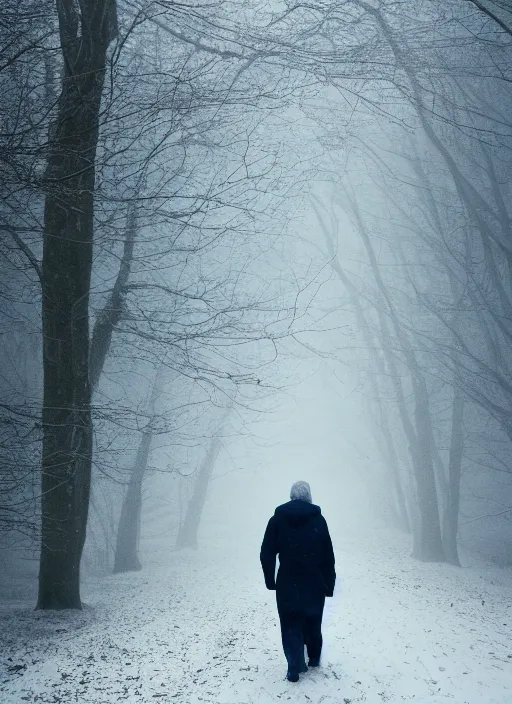Prompt: a 3 5 mm photo from the back of a senior citizen walking in the misty snowy woods, splash art, movie still, bokeh, canon 5 0 mm, cinematic lighting, dramatic, film, photography, cold blue light, depth of field, award - winning, anamorphic lens flare, 8 k, hyper detailed, 3 5 mm film grain