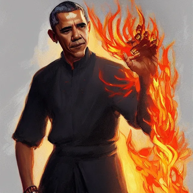 Prompt: Barack Obama as a firebender, portrait, elegant, intricate, digital painting, artstation, concept art, smooth, sharp focus, illustration, art by konstantin korovin and Daniel F. Gerhartz and john howe