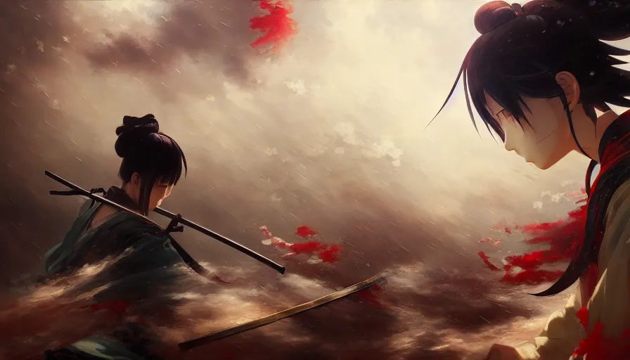 Image similar to baroque oil painting of key visual samurai war, rain, storm, fake detail, trending pixiv fanbox, acrylic palette knife, style of makoto shinkai takashi takeuchi yoshiyuki sadamoto greg rutkowski chiho aoshima, artstation