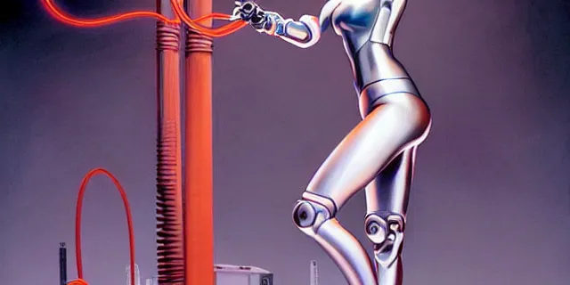 Image similar to beauty Blade Runner woman, robotic arms, cyberpunk, lots of cables and wiring, electrical details, trending on artstation, by Hajime Sorayama and Boris Vallejo