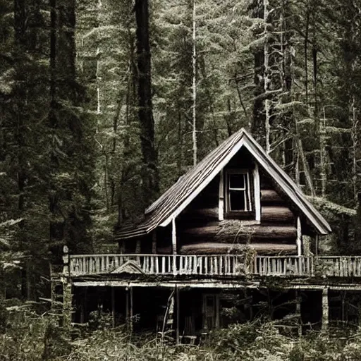 Image similar to a photo of a Eerie cabin in the middle of the woods photographed by a old 80s gameboy