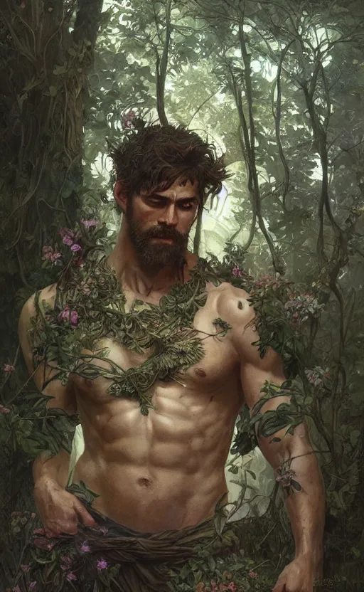 Image similar to god of the forest, rugged, handsome, male, detailed face, clean lines, atmospheric lighting, amazing, full body, thighs, flowers, muscular, intricate, highly detailed, digital painting, deviantart, concept art, sharp focus, illustration, art by greg rutkowski and alphonse mucha