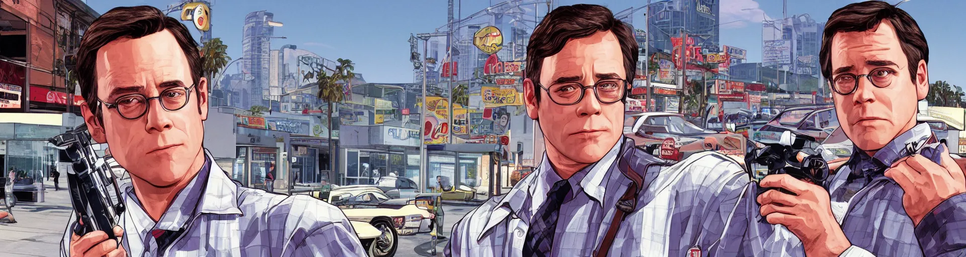 Prompt: GTA V illustration of 1980s Matthew Broderick on the cover of GTA V, outside of a 1980’s shopping mall