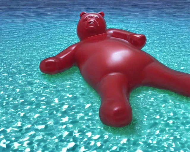 Image similar to a giant sculpture of a giant gummy bear on the surface of the ocean, award winning, hyper - realistic, very detailed, realistic water, ray tracing, 8 k resolution, long - shot, sharp focus, low angle, 8 5 mm photograph, wide lens