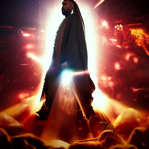 Image similar to Portrait of Kanye West as the god-emperor of mankind, splash art, cinematic lighting, dramatic, octane render, long lens, shallow depth of field, bokeh, anamorphic lens flare, 8k, hyper detailed, 35mm film grain