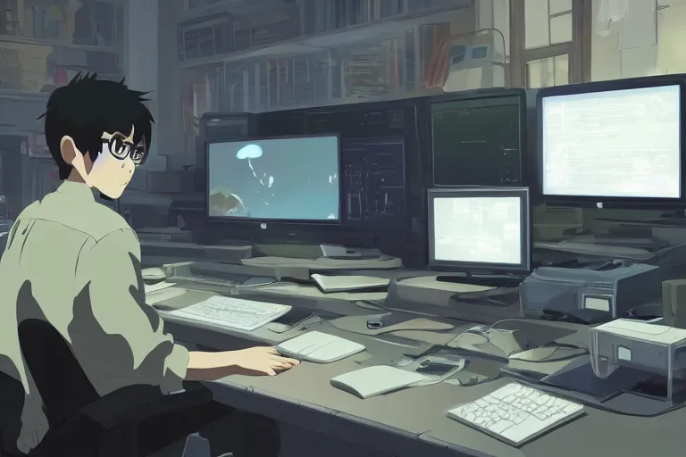 Image similar to a nerdy boy is programming at a computer in a room full of gadgets, by makoto shinkai and ghibli studio, dramatic lighting, highly detailed, incredible quality, trending on artstation