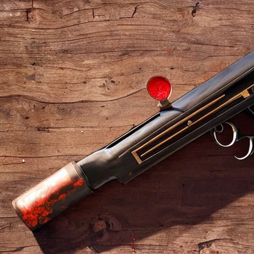 Image similar to a shotgun made from glossy red - painted wood and elements of gold metalwork