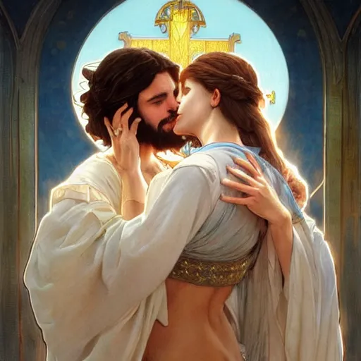 Image similar to jesus kissing a maria maddalena, intricate, elegant, highly detailed, digital painting, artstation, concept art, matte, sharp focus, illustration, art by artgerm and greg rutkowski and alphonse mucha