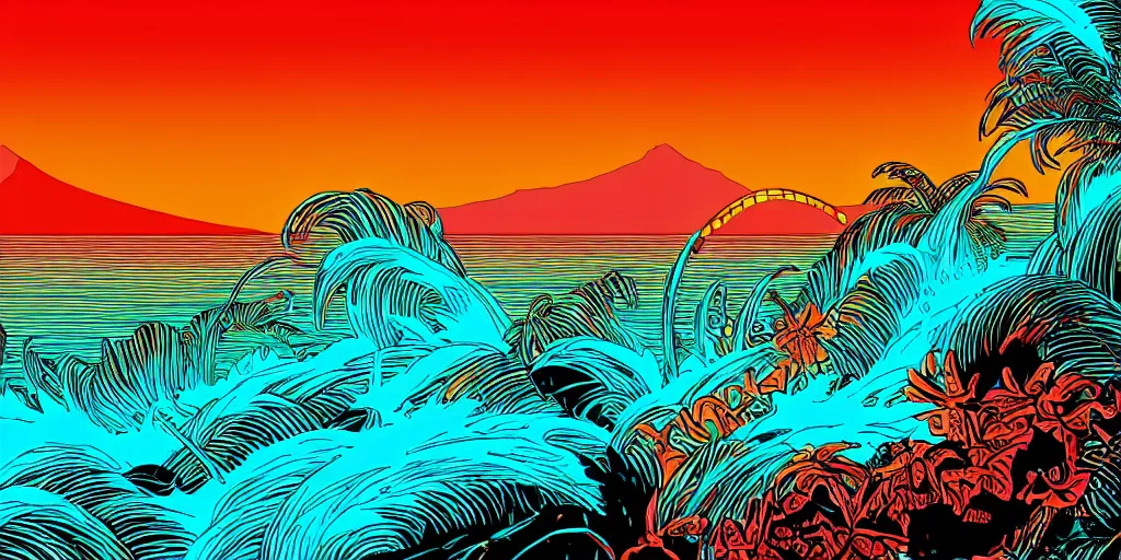 Image similar to glowing turquoise waves off the coast of Maui. Boats in the harbor. Macaw parrots flying above jungle trees. neon sign buildings with telephone lines, dramatic lighting style of Laurie Greasley and Satoshi Kon, symmetric lights and smoke, psychedelic effects, glowing particles, fractal neon rain.