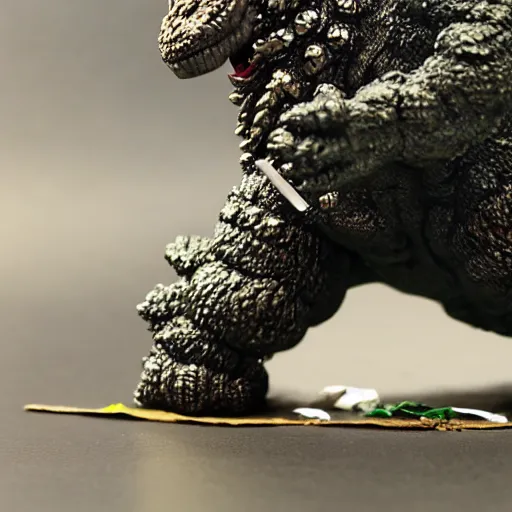 Image similar to godzilla smoking a joint, 5 5 mm