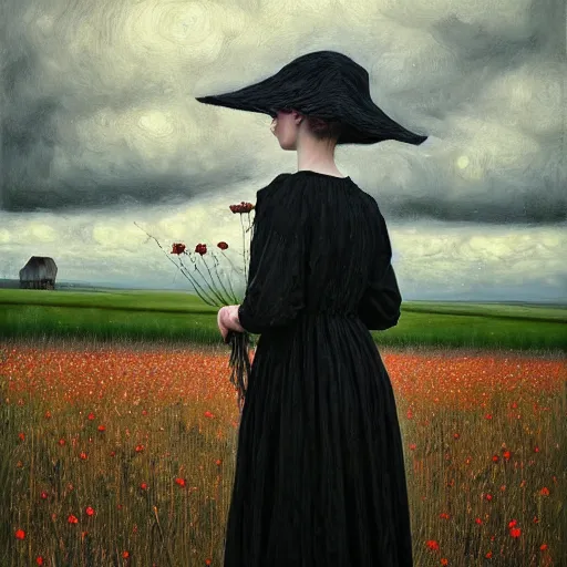 Image similar to a girl standing in a field, wearing black old dress and hat, by andrea kowch, andrea kowch style painting, dark, scene, magicrealism, flowers in background,