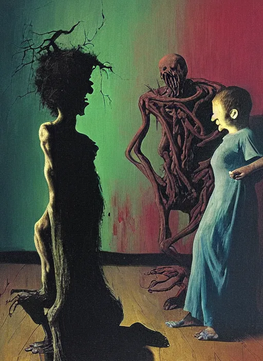 Prompt: two dark figures laughing and a glowing child inside a decayed contemporary living room with large tree in the style of Francis Bacon and Zdzislaw Beksinski, Edward Hopper and Norman Rockwell, highly detailed, very coherent, triadic color scheme