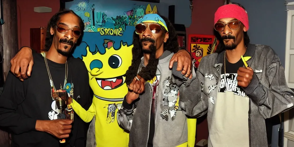 Prompt: snoop dogg smoking weed with spongebob squarepants inside a music studio