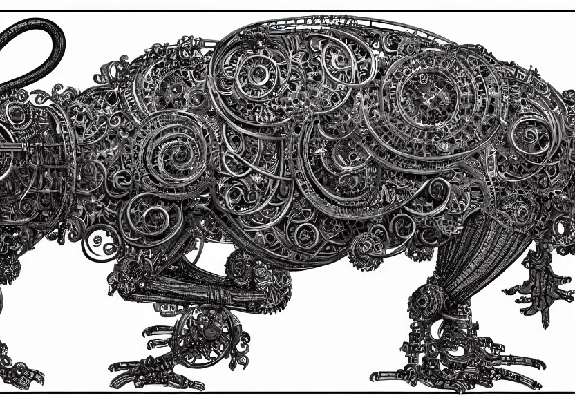 Image similar to schematic blueprint of highly detailed ornate filigreed convoluted ornamented elaborate cybernetic rat, art by da vinci