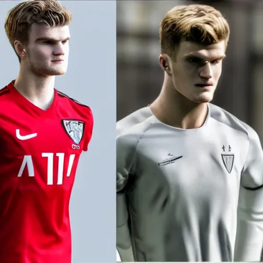 Image similar to a realistic detailed photo of a guy who is an attractive humanoid who is half robot and half humanoid, who is a male android, soccer players martin ødegaard & timo werner, shiny skin, posing like a statue, blank stare, in a living room, on display, showing off his muscles, gold soccer shorts, side view, looking at each other mindlessly