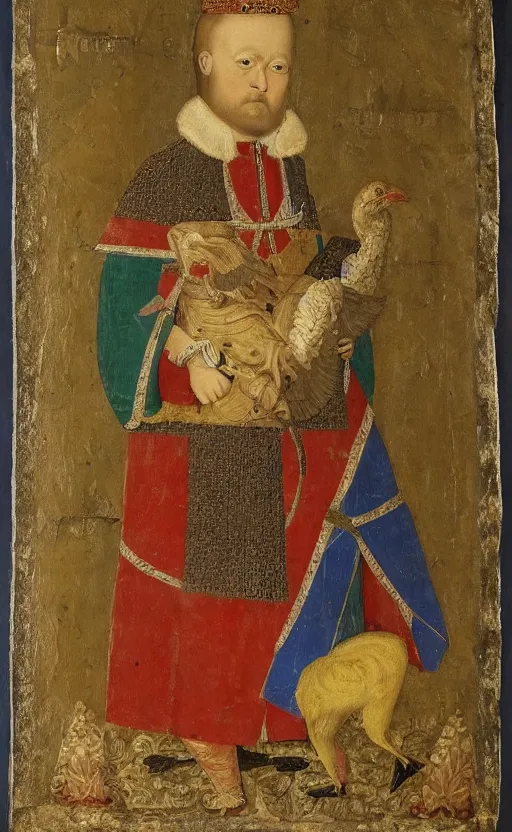 Image similar to portrait of a serbian king holding his pet dodo, painting, 1 5 th century, high quality,