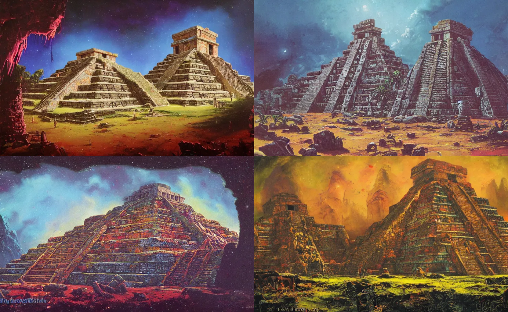Prompt: an abandoned Mayan temple, painting by Paul Lehr