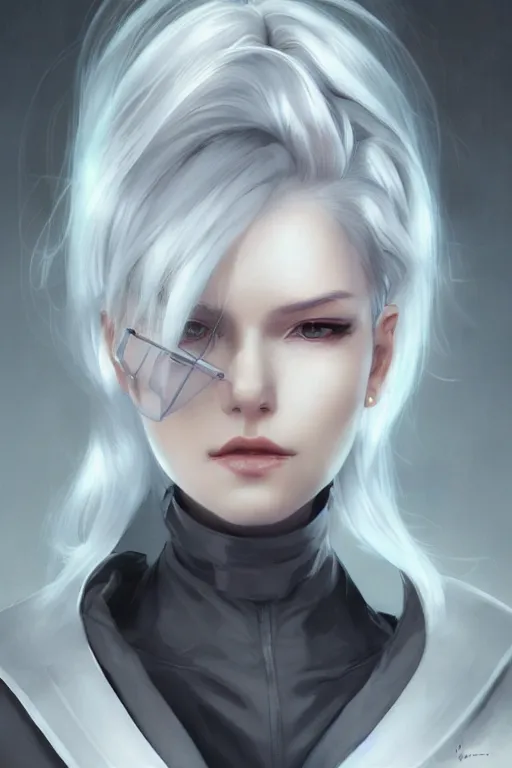 Prompt: a portrait of a scientist android girl with silver hair wearing grey suit by artgerm and wlop and krenz cushart, painterly