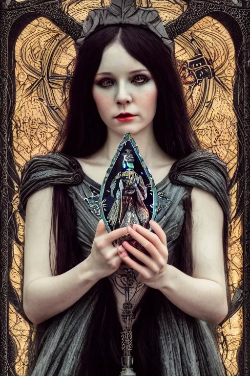 Image similar to Cinestill 50d, 8K, highly detailed, major arcana H.R Giger art nouveau nightmare Agnieszka Lorek tarot star card style 3/4 closeup portrait, eye contact, focus on model, tilt shift background: famous major arcana tarot remake, transformation scene