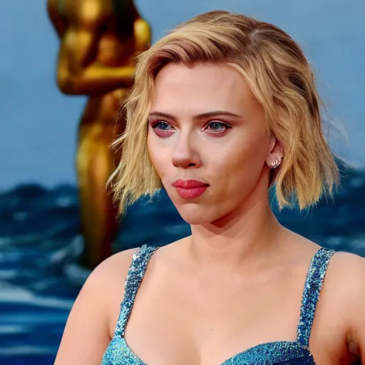 Image similar to scarlett johansson in a mermaid outfit, highly detailed face, 8 k