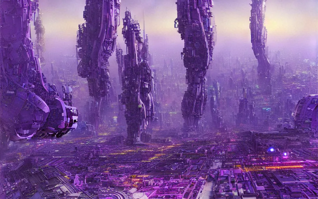 Image similar to a futurist cybernetic purple city, future perfect, award winning digital art by alan bean and bruce pennington