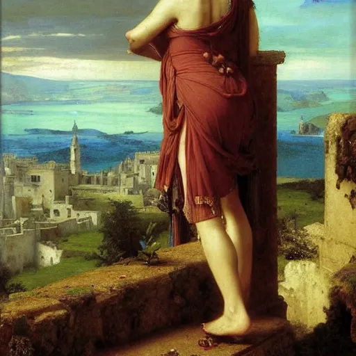 Image similar to a renaissance oil painting by alma tadema of a woman with skye blue clothes turned back on a stone balcony covered in moss with over shoulder view on desolated ruins of a city, colourful pastel artstation greg rutkowski, detailed academic bouguereau, sharp focus